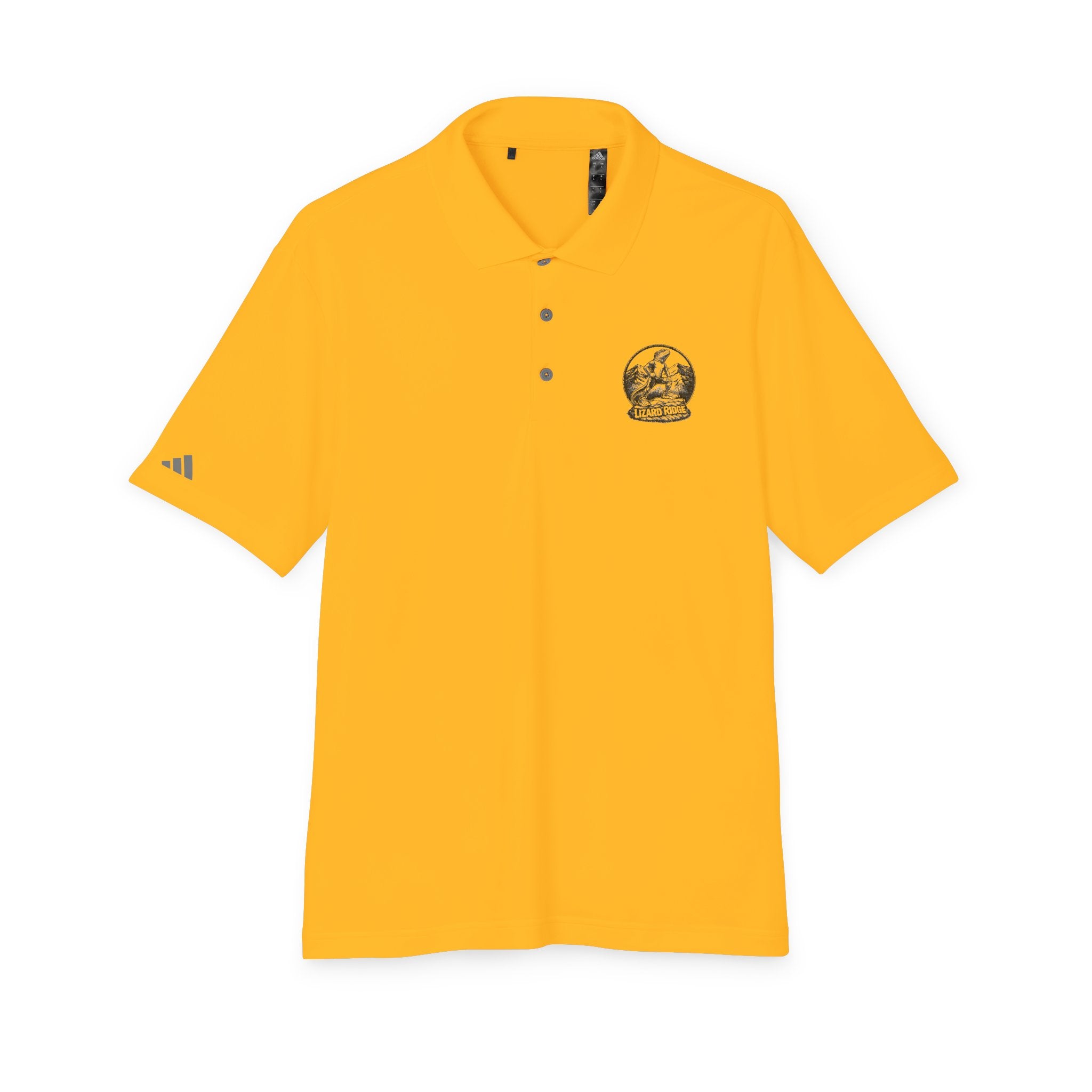 White Performance Polo with Small Globe Crest — Embroidered Travel Logo Shirt