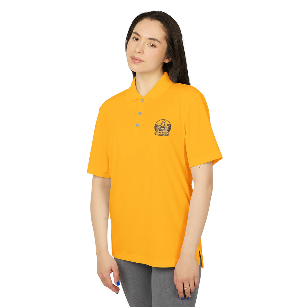 White Performance Polo with Small Globe Crest — Embroidered Travel Logo Shirt