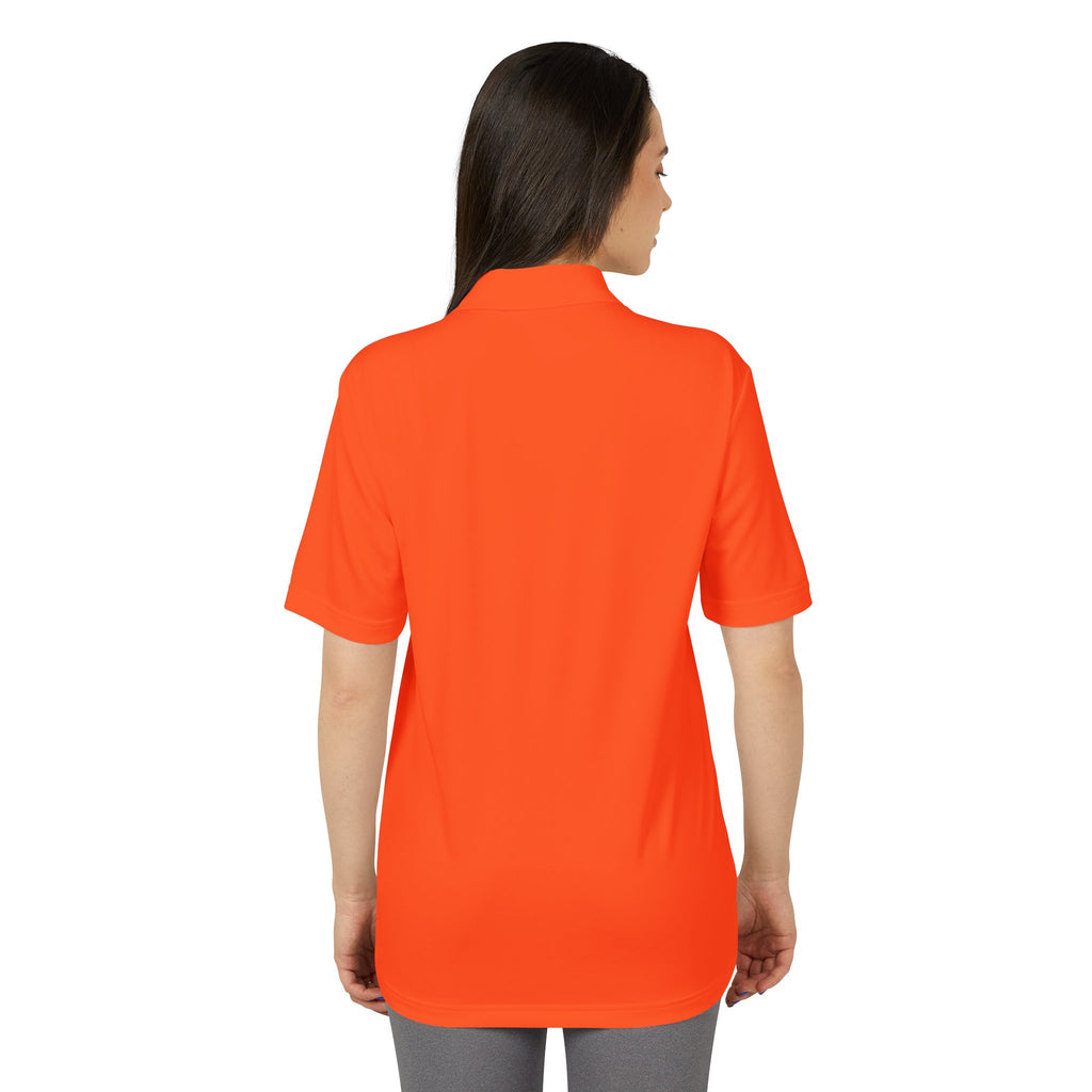 White Performance Polo with Small Globe Crest — Embroidered Travel Logo Shirt