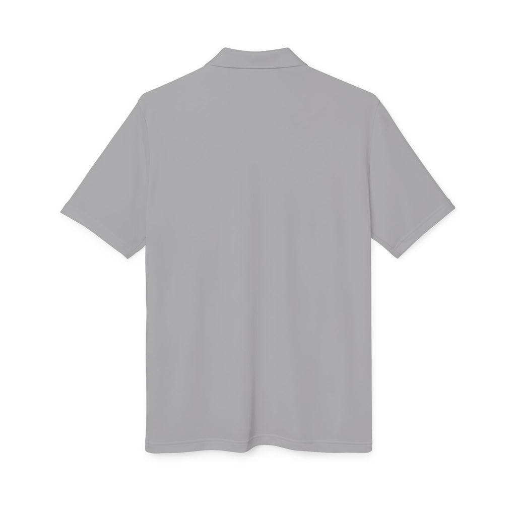 White Performance Polo with Small Globe Crest — Embroidered Travel Logo Shirt