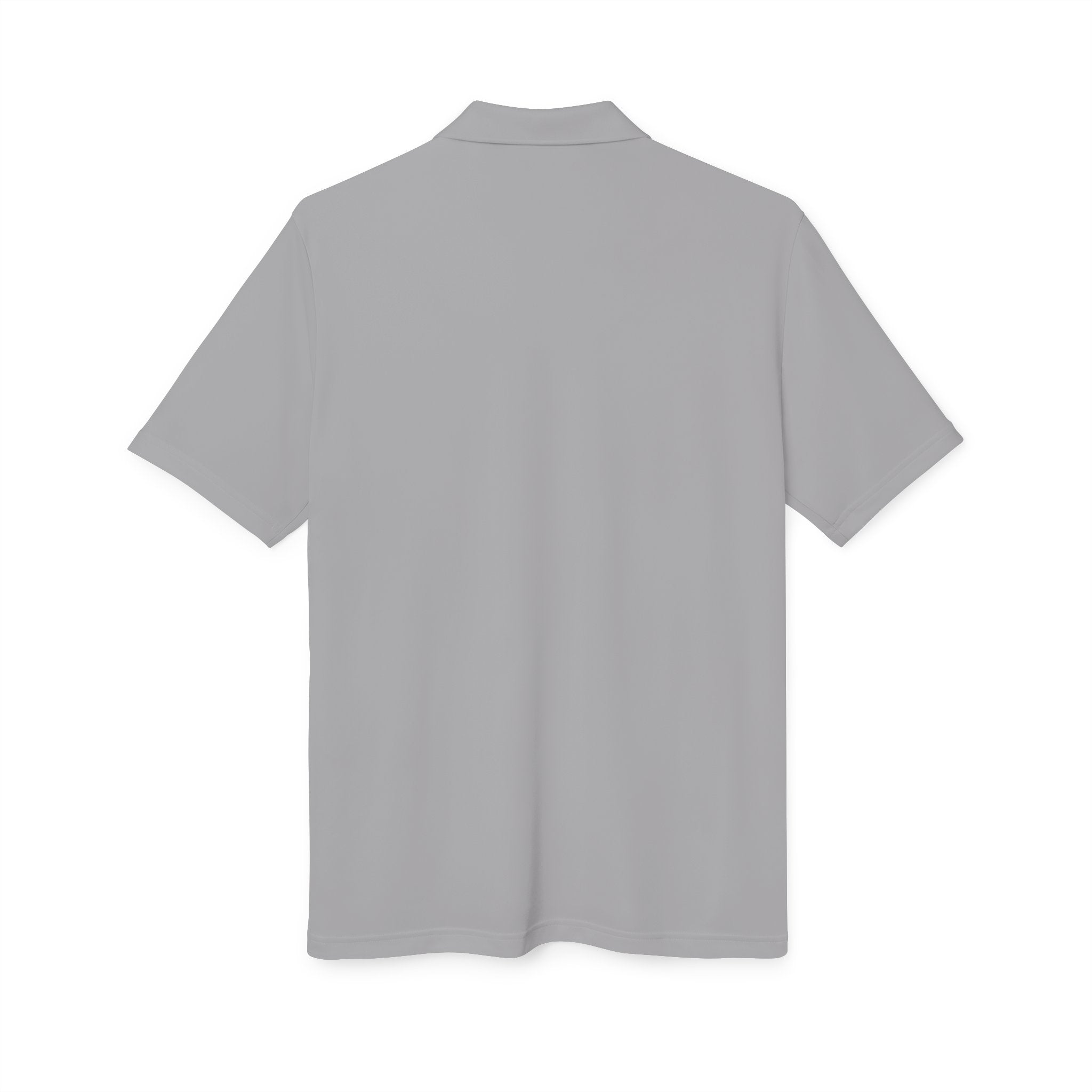 White Performance Polo with Small Globe Crest — Embroidered Travel Logo Shirt