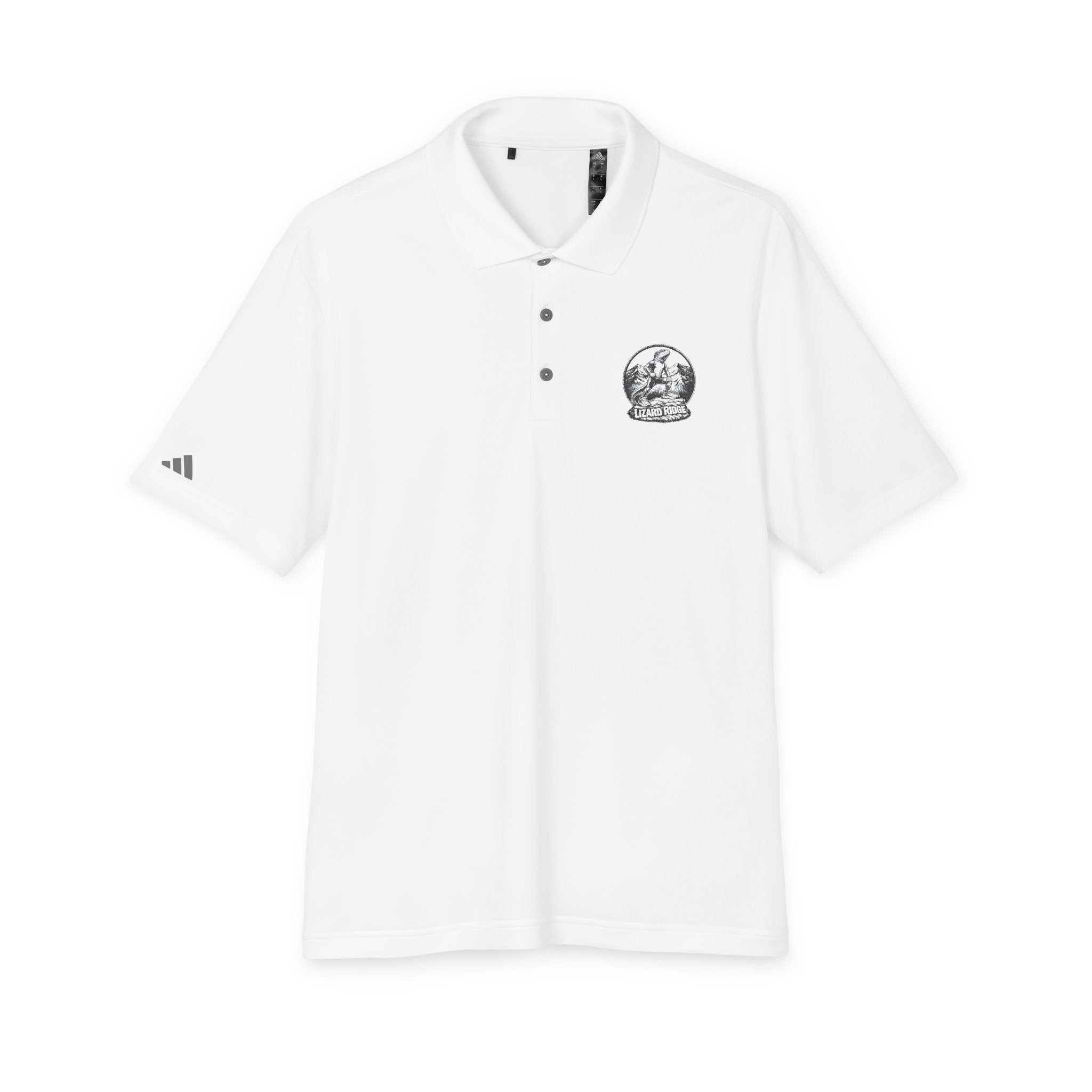 White Performance Polo with Small Globe Crest — Embroidered Travel Logo Shirt