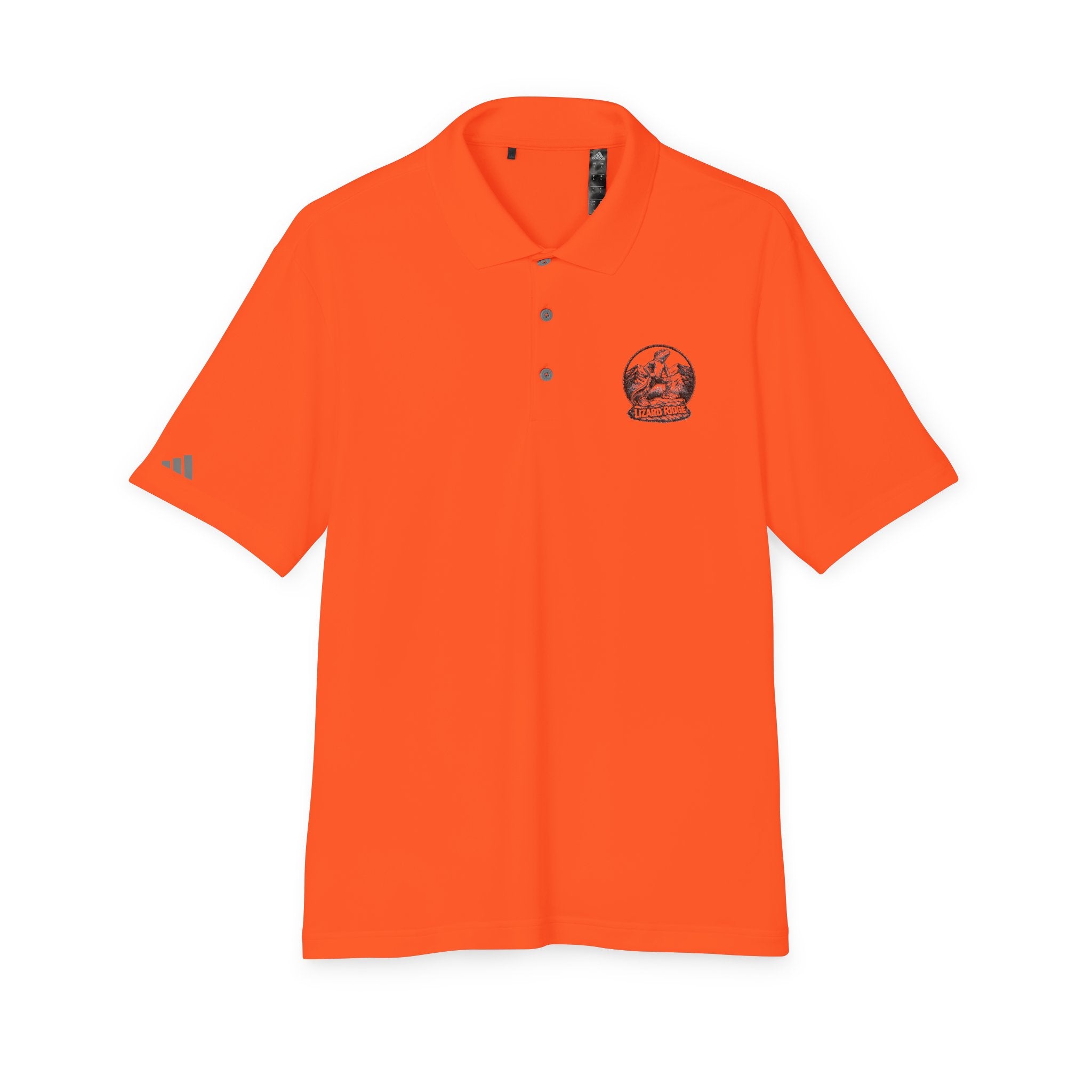 White Performance Polo with Small Globe Crest — Embroidered Travel Logo Shirt