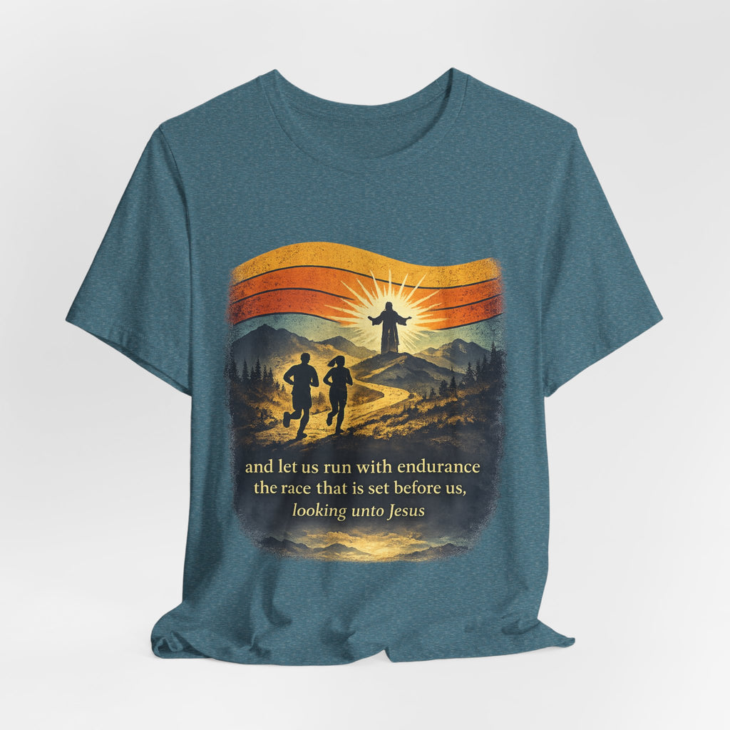 Christian Running Tee — "Run with Endurance, Looking Unto Jesus" T-Shirt