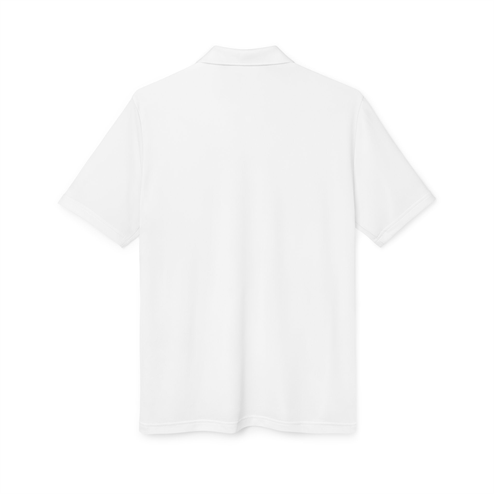 White Performance Polo with Small Globe Crest — Embroidered Travel Logo Shirt