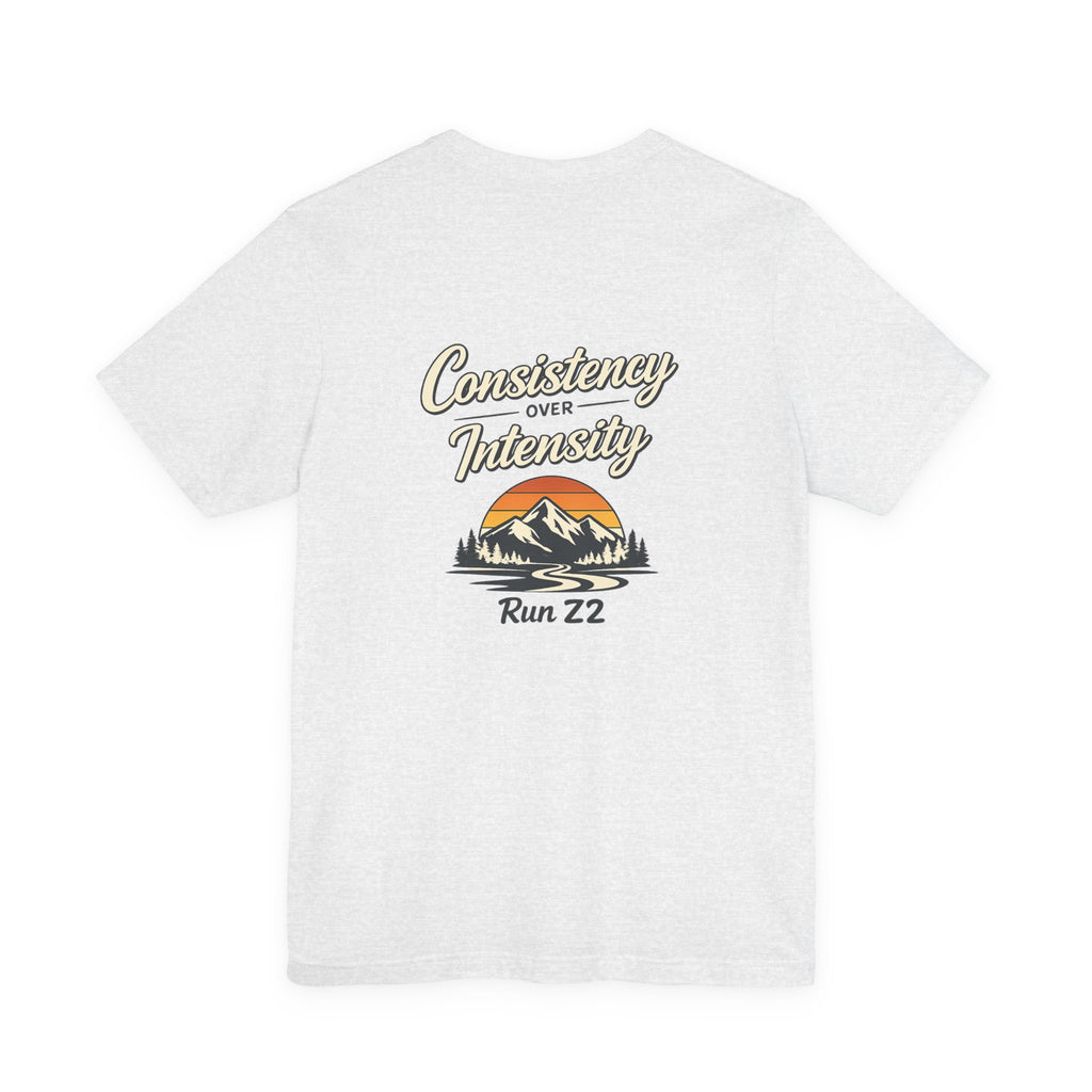 Consistency Over Intensity Run Tee — Retro Mountain Running T-Shirt ("Run 22")