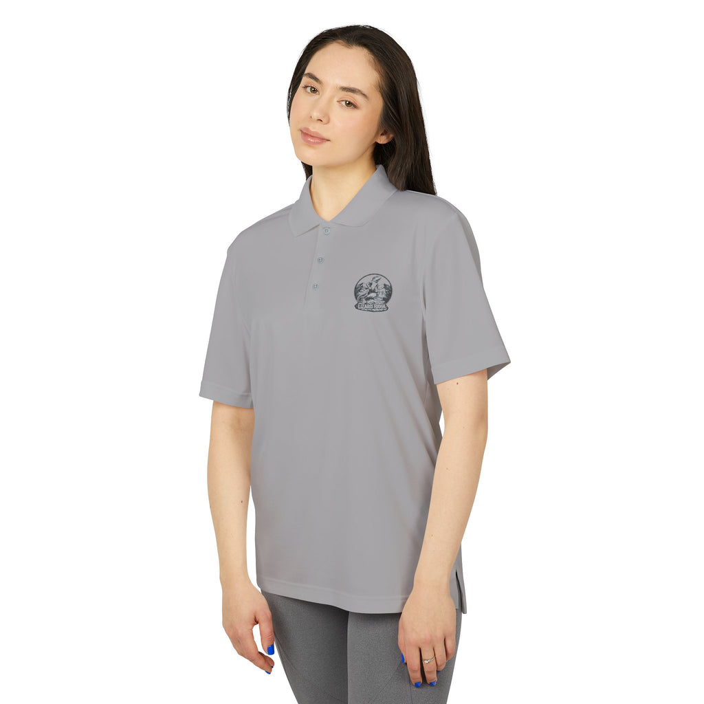 White Performance Polo with Small Globe Crest — Embroidered Travel Logo Shirt