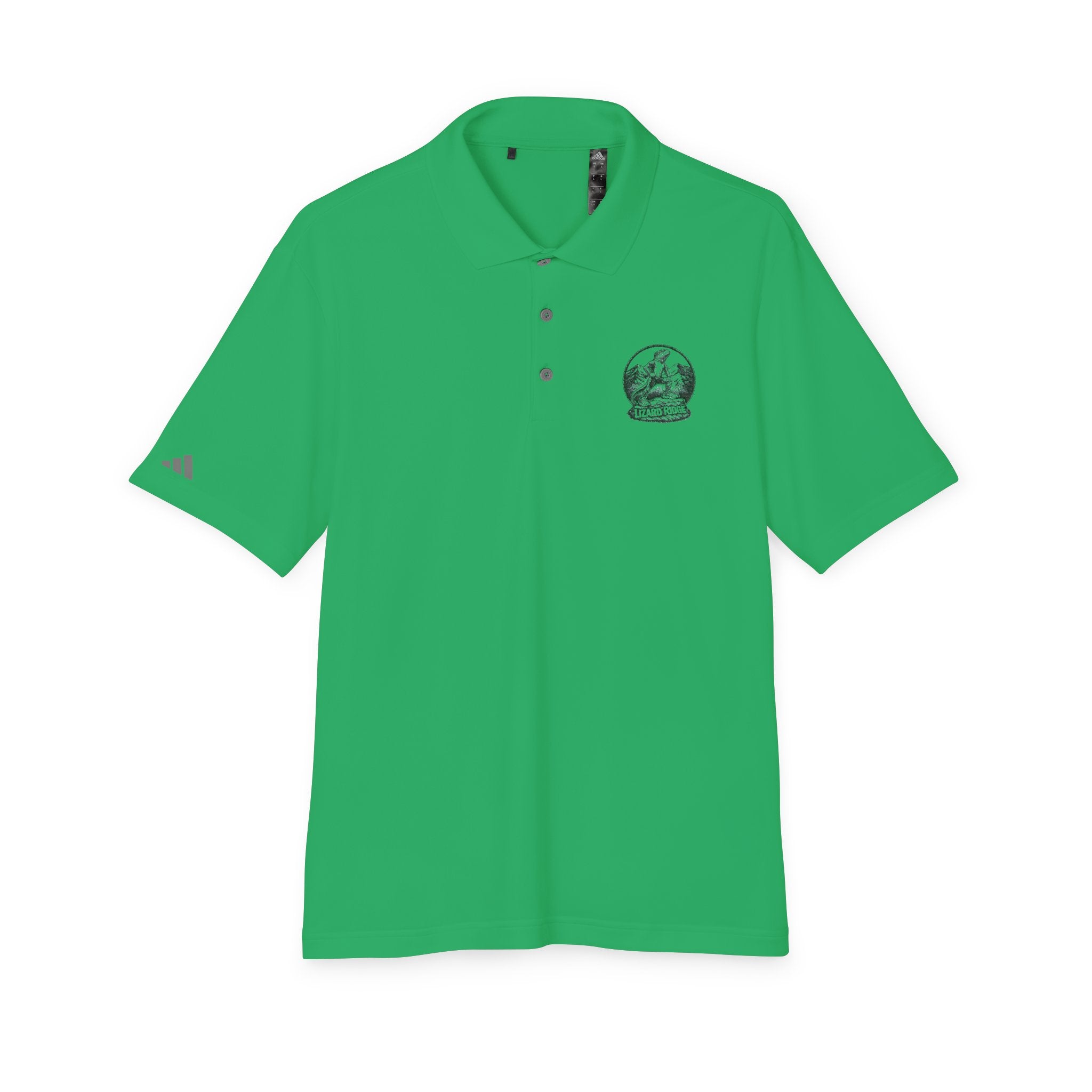 White Performance Polo with Small Globe Crest — Embroidered Travel Logo Shirt