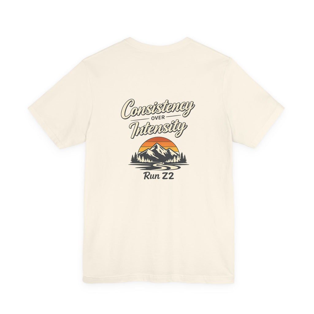 Consistency Over Intensity Run Tee — Retro Mountain Running T-Shirt ("Run 22")