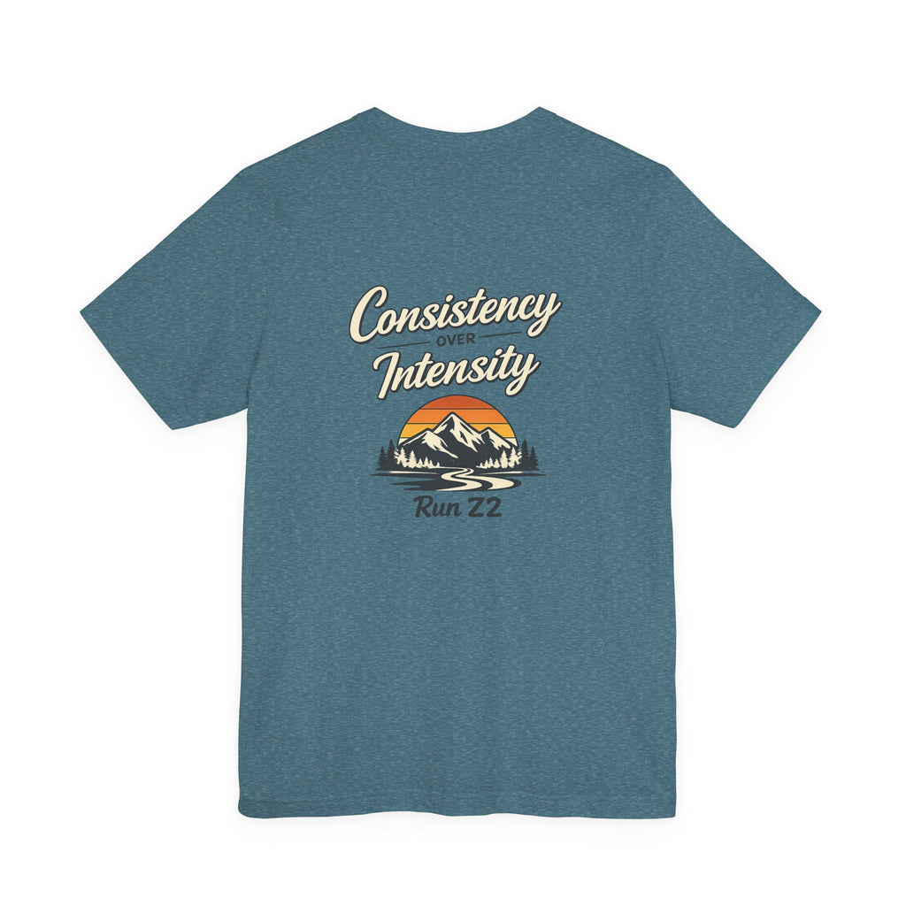 Consistency Over Intensity Run Tee — Retro Mountain Running T-Shirt ("Run 22")