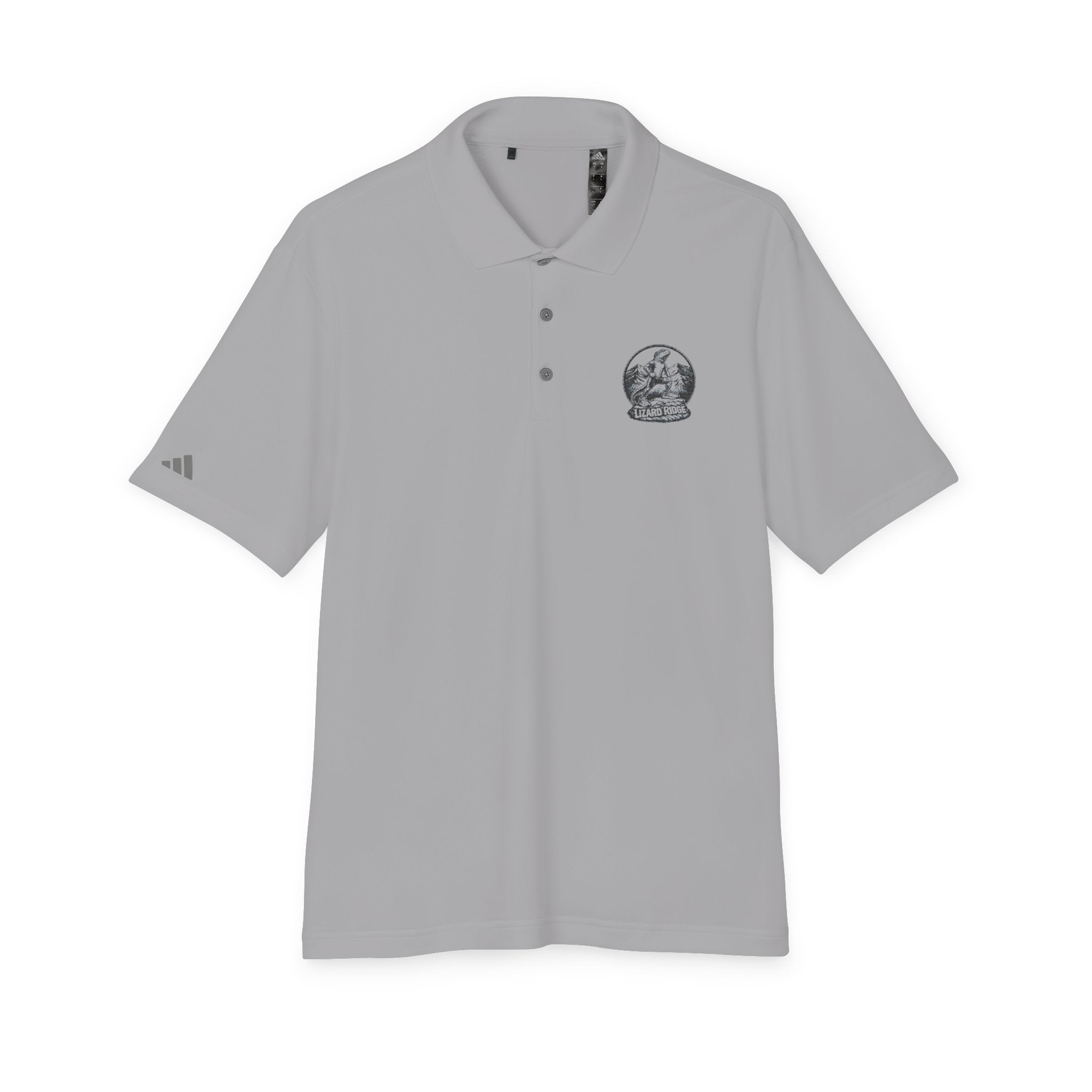 White Performance Polo with Small Globe Crest — Embroidered Travel Logo Shirt
