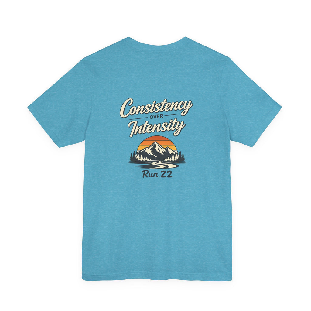 Consistency Over Intensity Run Tee — Retro Mountain Running T-Shirt ("Run 22")