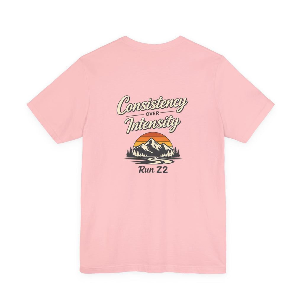 Consistency Over Intensity Run Tee — Retro Mountain Running T-Shirt ("Run 22")