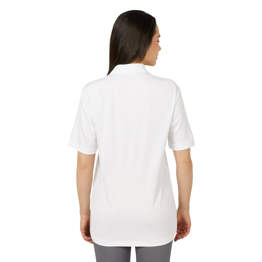 White Performance Polo with Small Globe Crest — Embroidered Travel Logo Shirt
