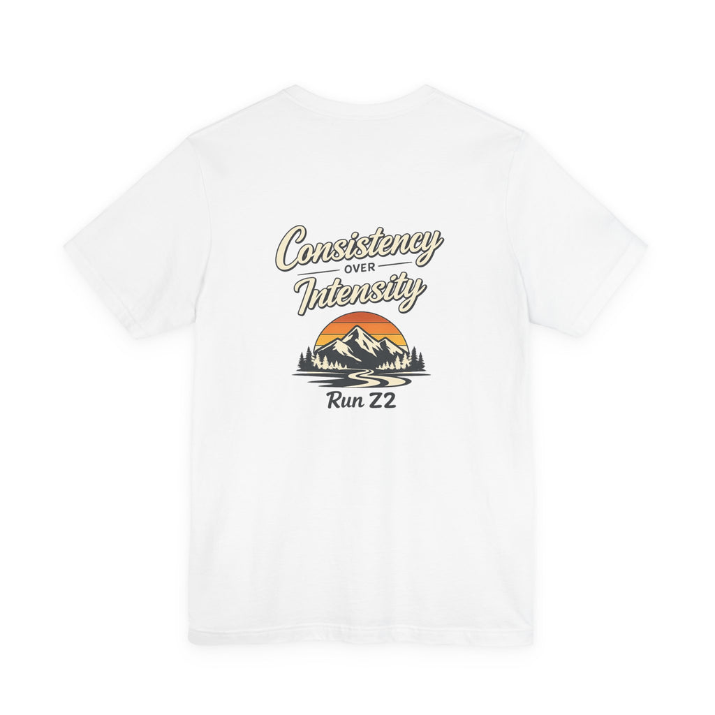 Consistency Over Intensity Run Tee — Retro Mountain Running T-Shirt ("Run 22")