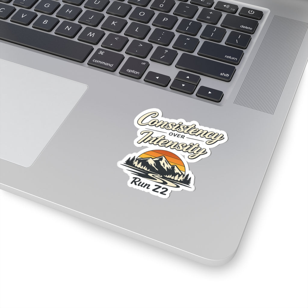 Consistency Over Intensity Run 22 Sticker — Outdoor Mountain Sunset Kiss-Cut Decal