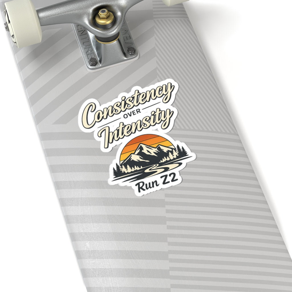 Consistency Over Intensity Run 22 Sticker — Outdoor Mountain Sunset Kiss-Cut Decal