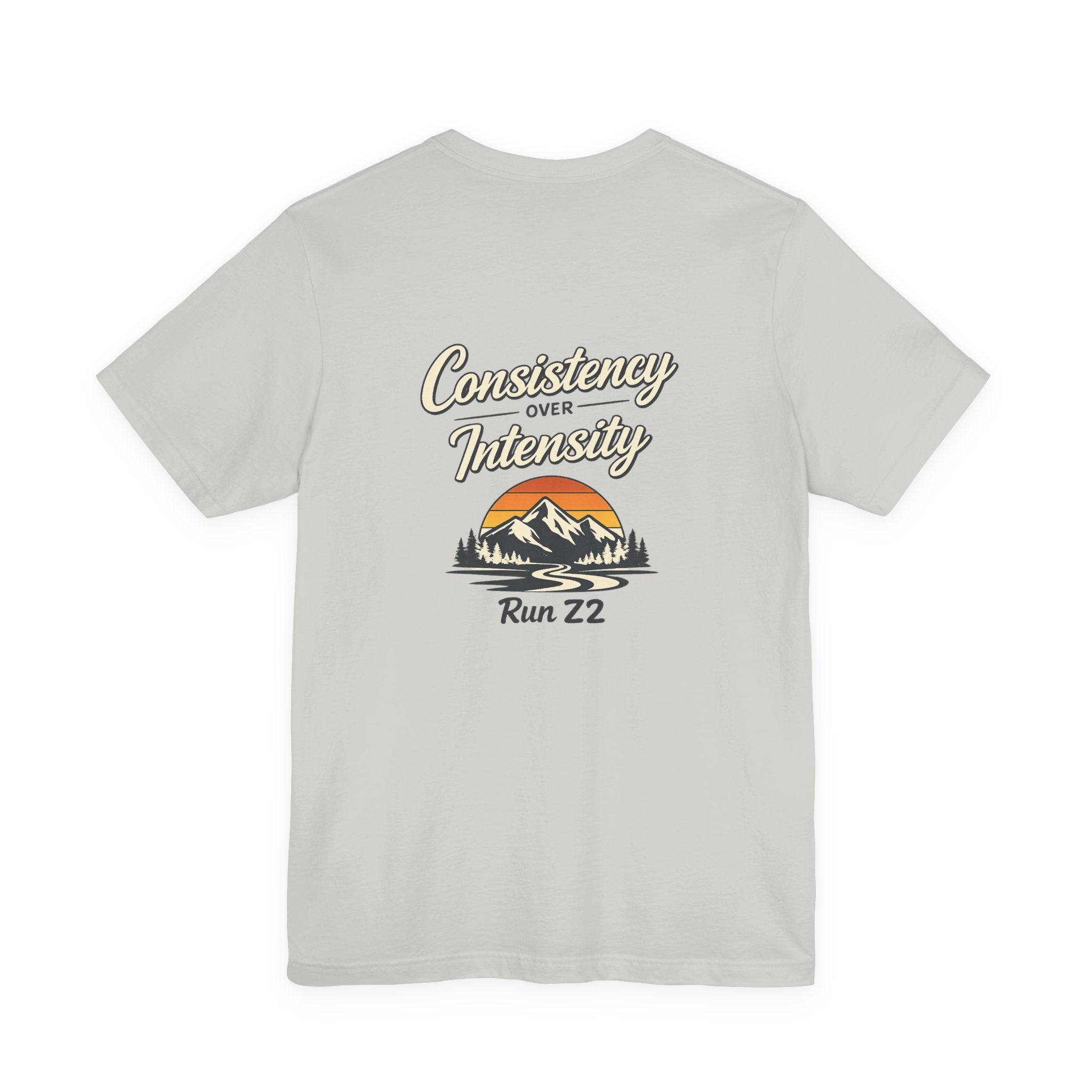 Consistency Over Intensity Run Tee — Retro Mountain Running T-Shirt ("Run 22")
