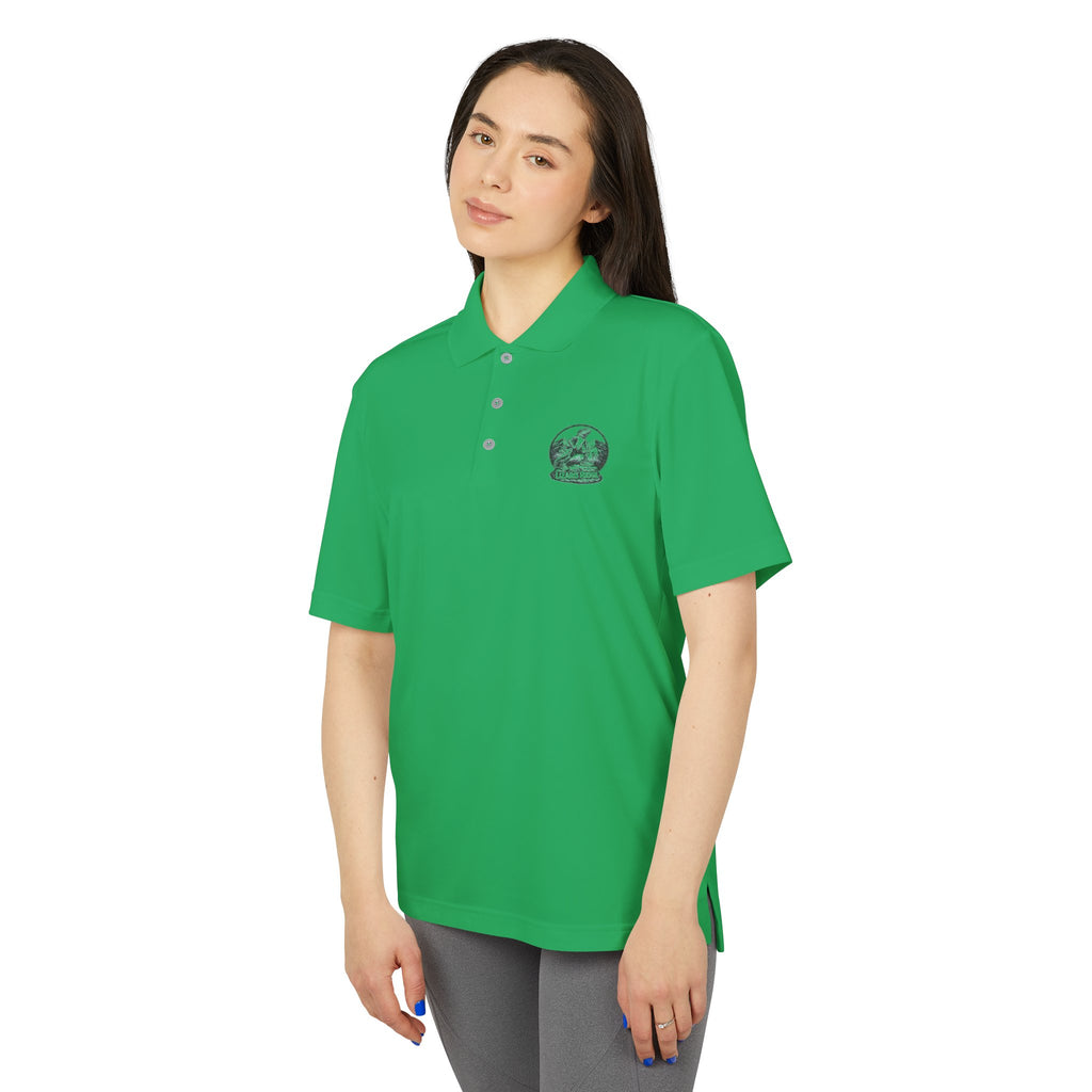 White Performance Polo with Small Globe Crest — Embroidered Travel Logo Shirt