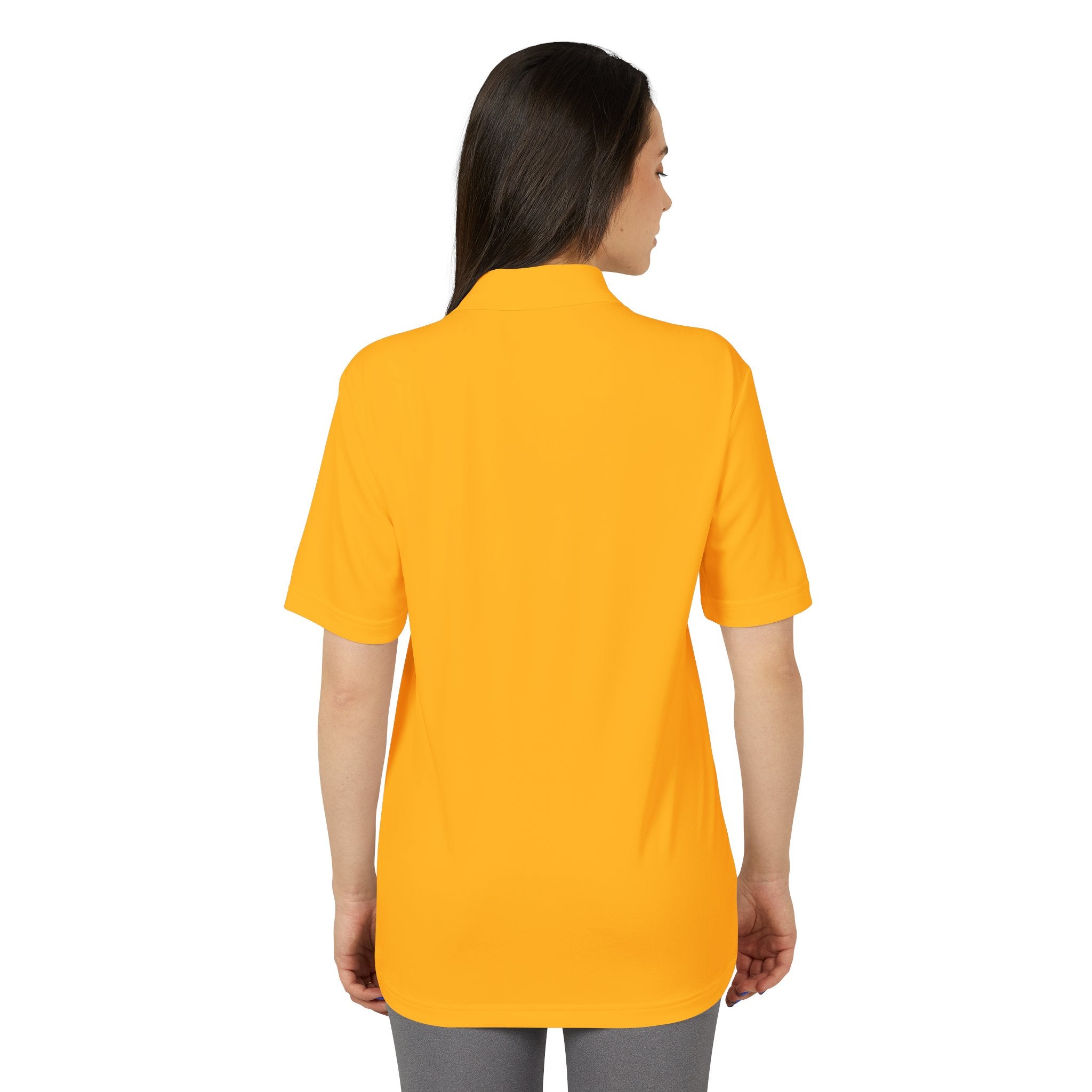 White Performance Polo with Small Globe Crest — Embroidered Travel Logo Shirt