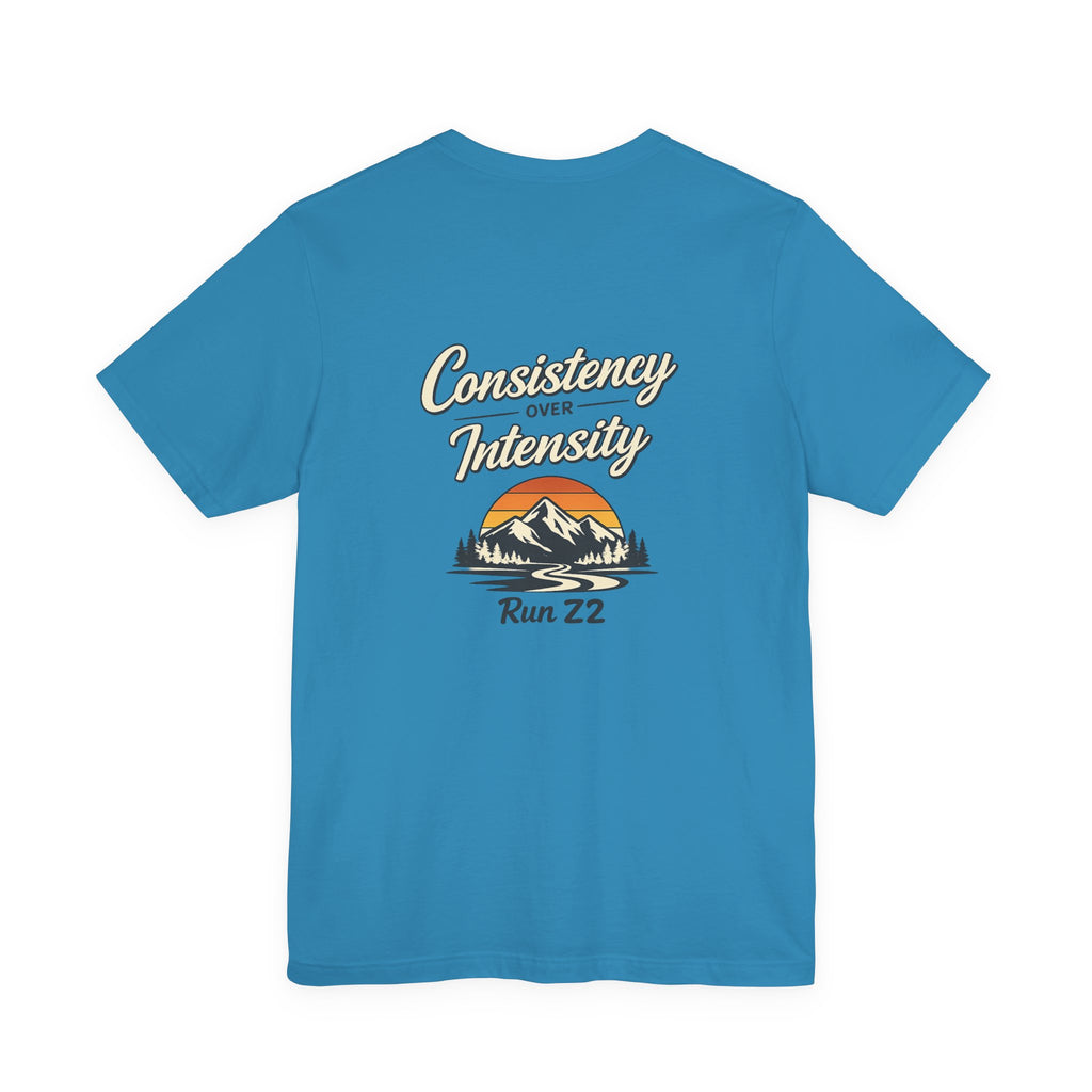 Consistency Over Intensity Run Tee — Retro Mountain Running T-Shirt ("Run 22")
