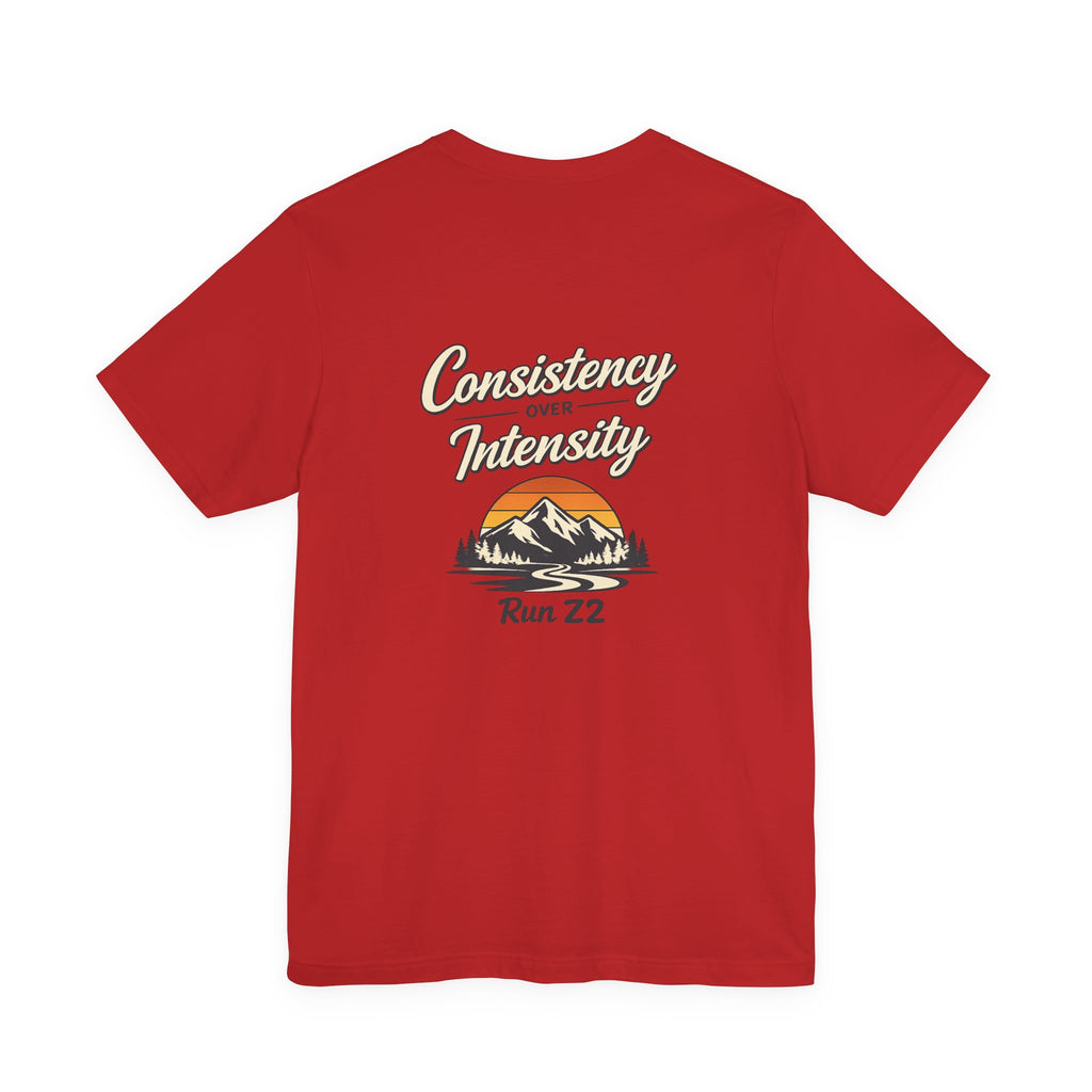 Consistency Over Intensity Run Tee — Retro Mountain Running T-Shirt ("Run 22")