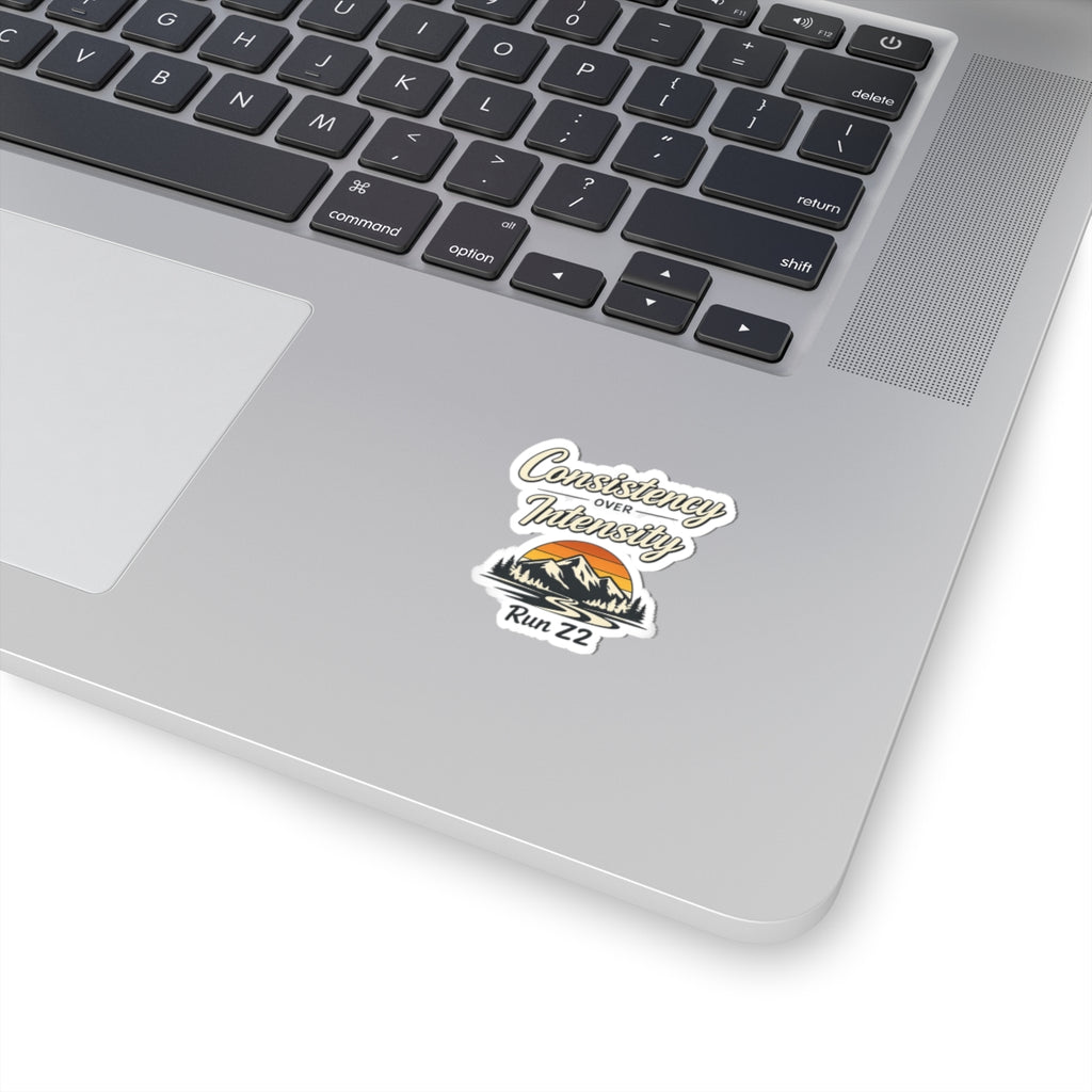 Consistency Over Intensity Run 22 Sticker — Outdoor Mountain Sunset Kiss-Cut Decal